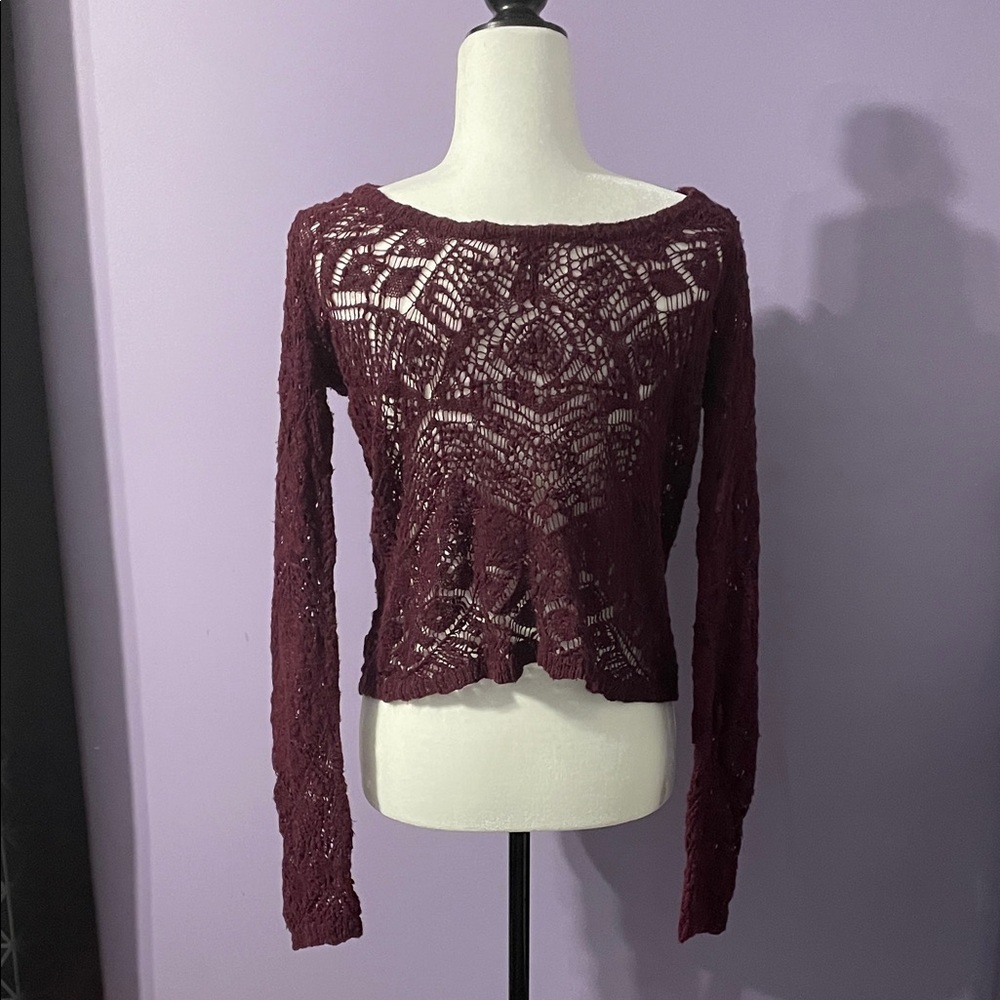 Dynamite Deep Burgundy Lace Blouse with Black Tie Up Accent - Picture 2 of 3